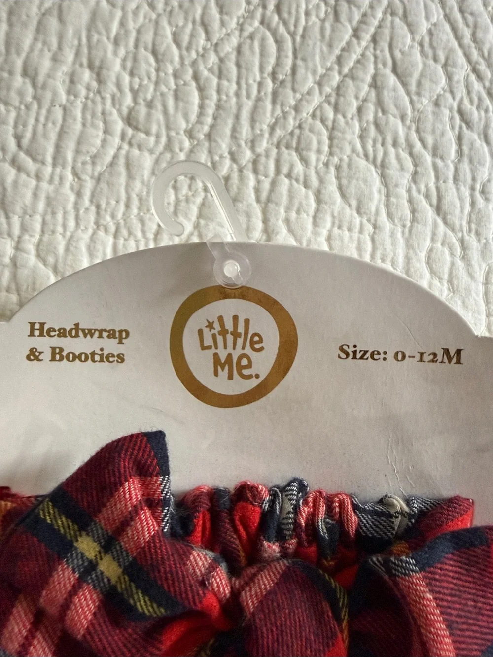 ✅Little Me Red Plaid Headwrap and Cream Booties with Plaid Bows